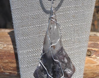 Large Raw Midnight Amethyst Crystal Necklace: Deep purple stainless steel wrapped pendant
