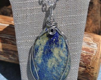 Lapis Lazuli Wire Wrapped Necklace; Stainless steel wrapped blue and white gemstone