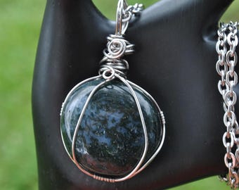 Handmade Moss Agate Pendant: Stainless Steel Wire Wrapped Necklace