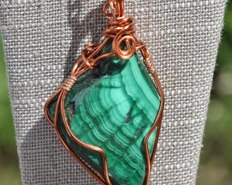 Handmade Malachite Pendant Necklace: Copper wire wrapped green stone