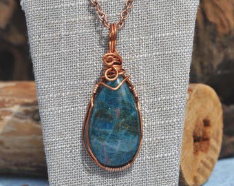 Gemmy Blue Apatite Teardrop Pendant: Copper Wire Wrapped blue stone necklace