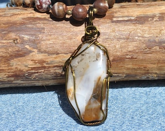 Agate with Zebra Jasper Bead Necklace: Handmade wire wrapped necklace