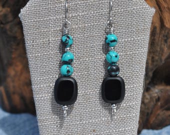 Black and Aqua Bead Dangle Earrings: Handcrafted stainless steel ear jewelry