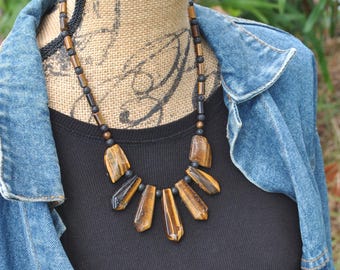 Tiger Eye Necklace Bracelet Set: Lava Stone Beaded Jewelry