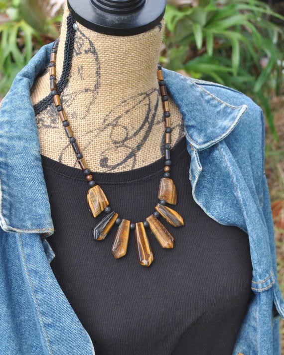 Tiger Eye Necklace Bracelet Set: Lava Stone Beaded Jewelry