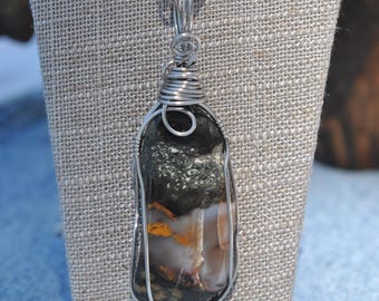 Black Yellow and White Agate Necklace: Handmade stainless steel wrapped pendant