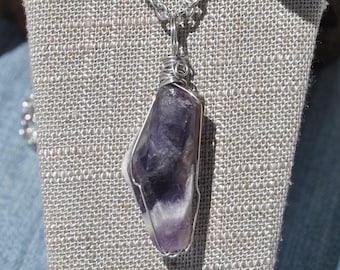 Chevron Amethyst Wire Wrapped Necklace: Purple crystal pendant
