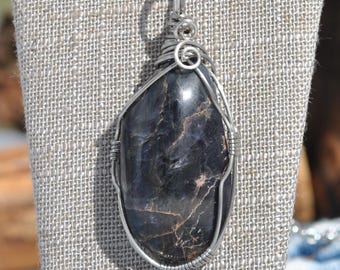 Wire Wrapped Iolite Pendant: Stainless steel water sapphire necklace