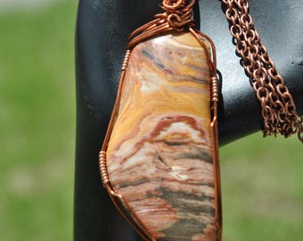 Freedom Paint Jasper Necklace; Caldera jasper copper wire wrapped pendant
