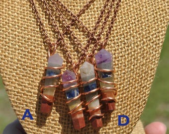 Wire Wrapped Stone Chakra Pendulums: Copper mixed stone necklace