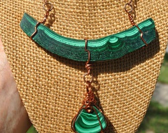 Malachite Statement Necklace: Copper wire wrapped green stone double pendant necklace