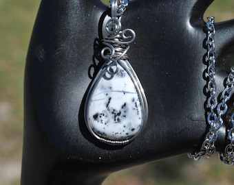 Dendritic Agate Pendant: Stainless steel wire wrapped white and black stone