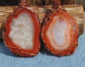 Red Banded Agate Slice Chain Pull Set: Wire wrapped stone home accent pieces
