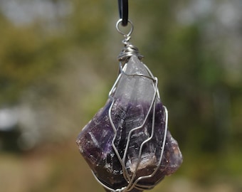 Large Raw Midnight Amethyst Crystal Necklace: Deep purple stainless steel wrapped pendant