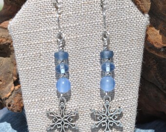 Snowflake Stainless Steel Earrings; handcrafted blue bead earrings