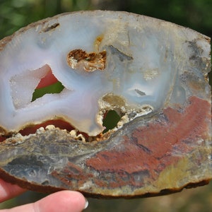 Moss agate slab; unpolished moss agate; lapidary piece; cabbing slab; agate display piece; red yellow moss agate; druzy moss agate