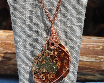 Ammonite Fossil Necklace: Copper Wire Wrapped Sea Fossil Pendant