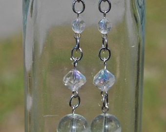 Long Clear Glass Bead Dangle Earrings: Handmade stainless steel earrings