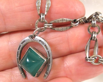 Antique Sterling Link Lucky Horseshoe Charm Bracelet with Green Glass Cabochon