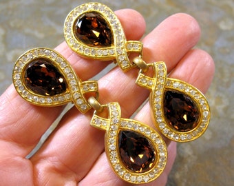 Linda Levinson Etruscan or Victorian Revival Faux Topaz and Diamond Gilt Dangle Earrings