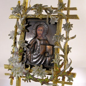 Antique Orthodox  Icon Religious Floral Ormolu Enamel Plaque Fitted Box