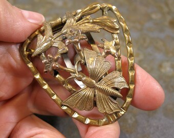 Excellent Art Nouveau Butterfly Floral Relief Gilt Dress Clip