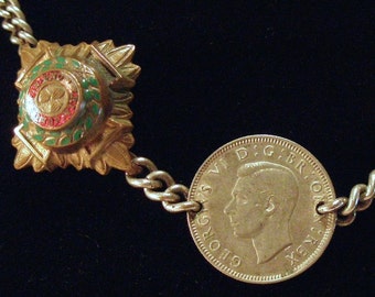 Sterling Coin Geo 6 Shilling Sweetheart Bracelet with Enameled 3 Crown Badge of the Bath Charm