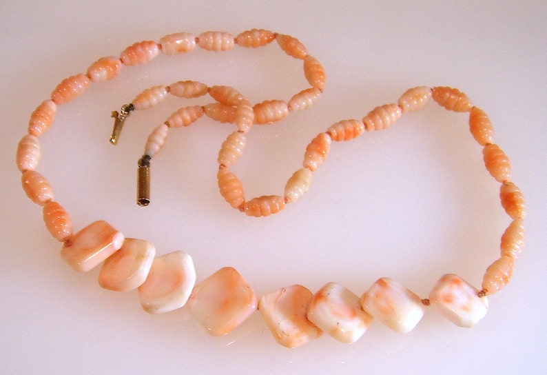 Elegant Art Deco Coral Angel Skin Bright Colored Necklace with Pin and Barrel Clasp