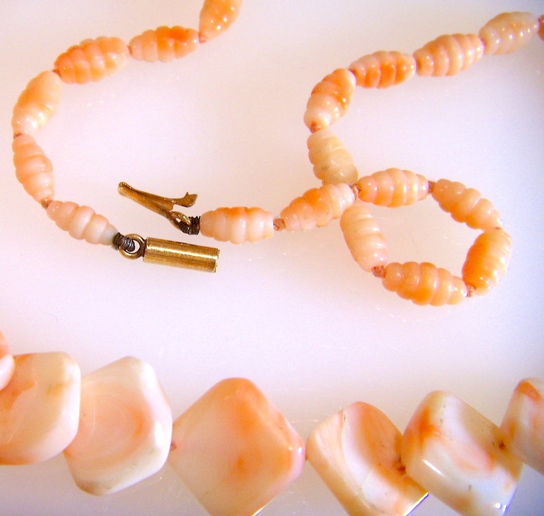 Elegant Art Deco Coral Angel Skin Bright Colored Necklace with Pin and Barrel Clasp