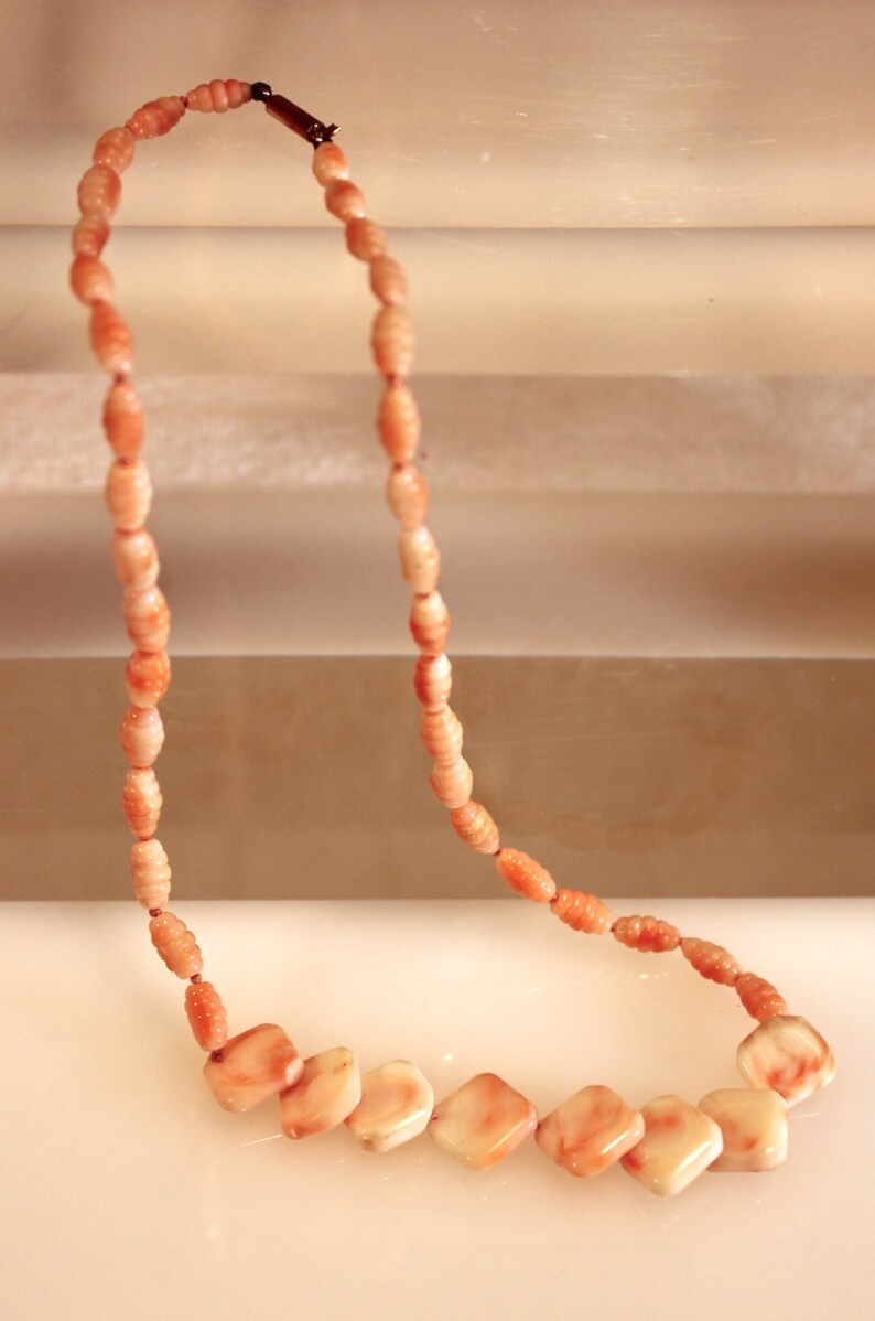 Elegant Art Deco Coral Angel Skin Bright Colored Necklace with Pin and Barrel Clasp