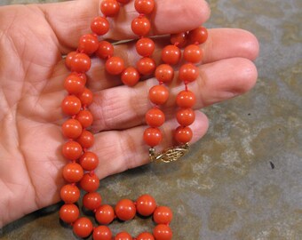 Superior Deep Salmon Natural Coral Matched 7.5mm 14K Clasp and Silk Knotted Necklace