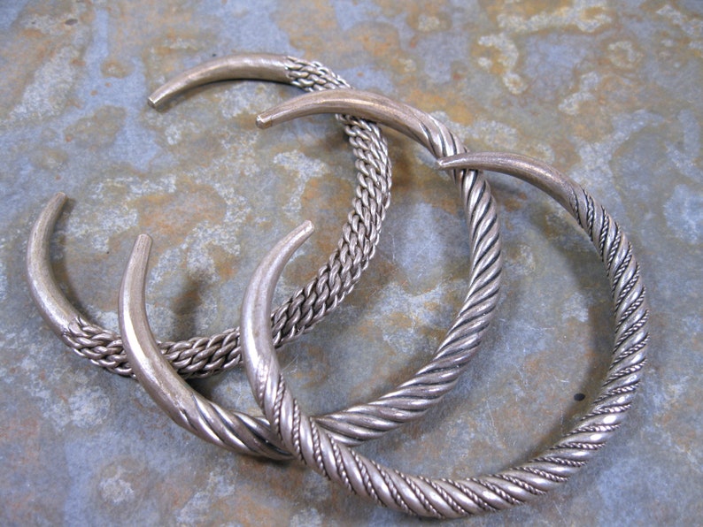 3 Beautiful Thai Laos Akha Tribe Thin Twisted Coiled Silver Metal or White Copper Cuffs image 5