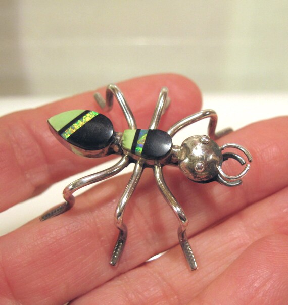 Zuni Sterling Spider Brooch Opal, Onyx and Gaspeit