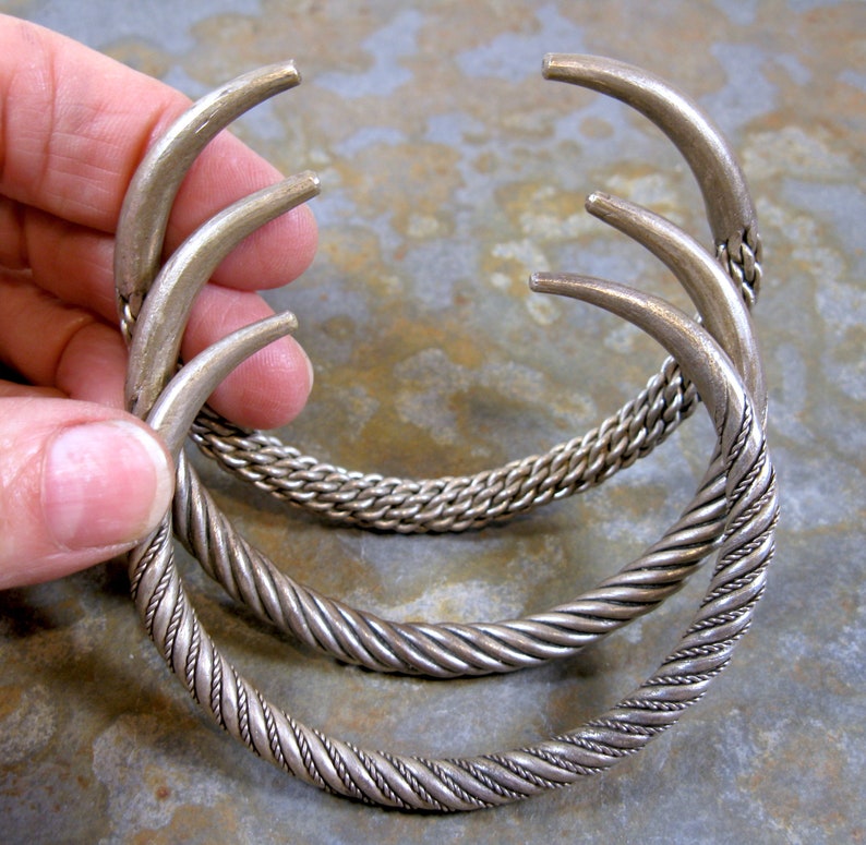 3 Beautiful Thai Laos Akha Tribe Thin Twisted Coiled Silver Metal or White Copper Cuffs image 4