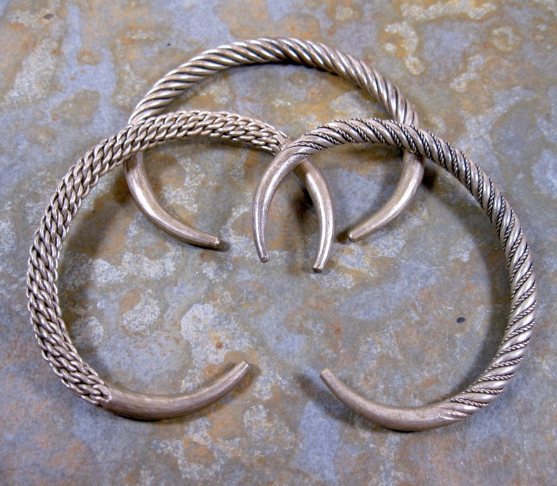 3 Beautiful Thai Laos Akha Tribe Thin Twisted Coiled Silver Metal or White Copper Cuffs image 3