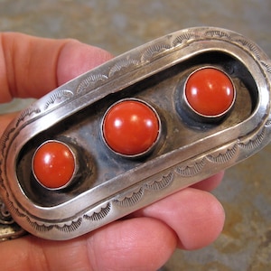 Older Navajo Large Sterling and Natural Deep Redish Orange Coral Cabochon Barette Signed