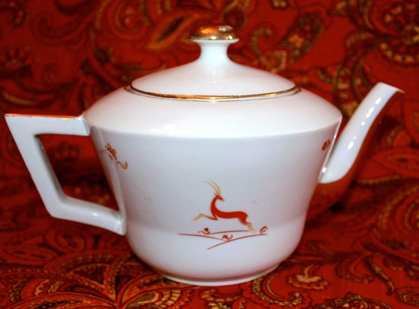 Vintage Richard Ginori Teapot Red Prancing Deer With Gold Trim Etsy