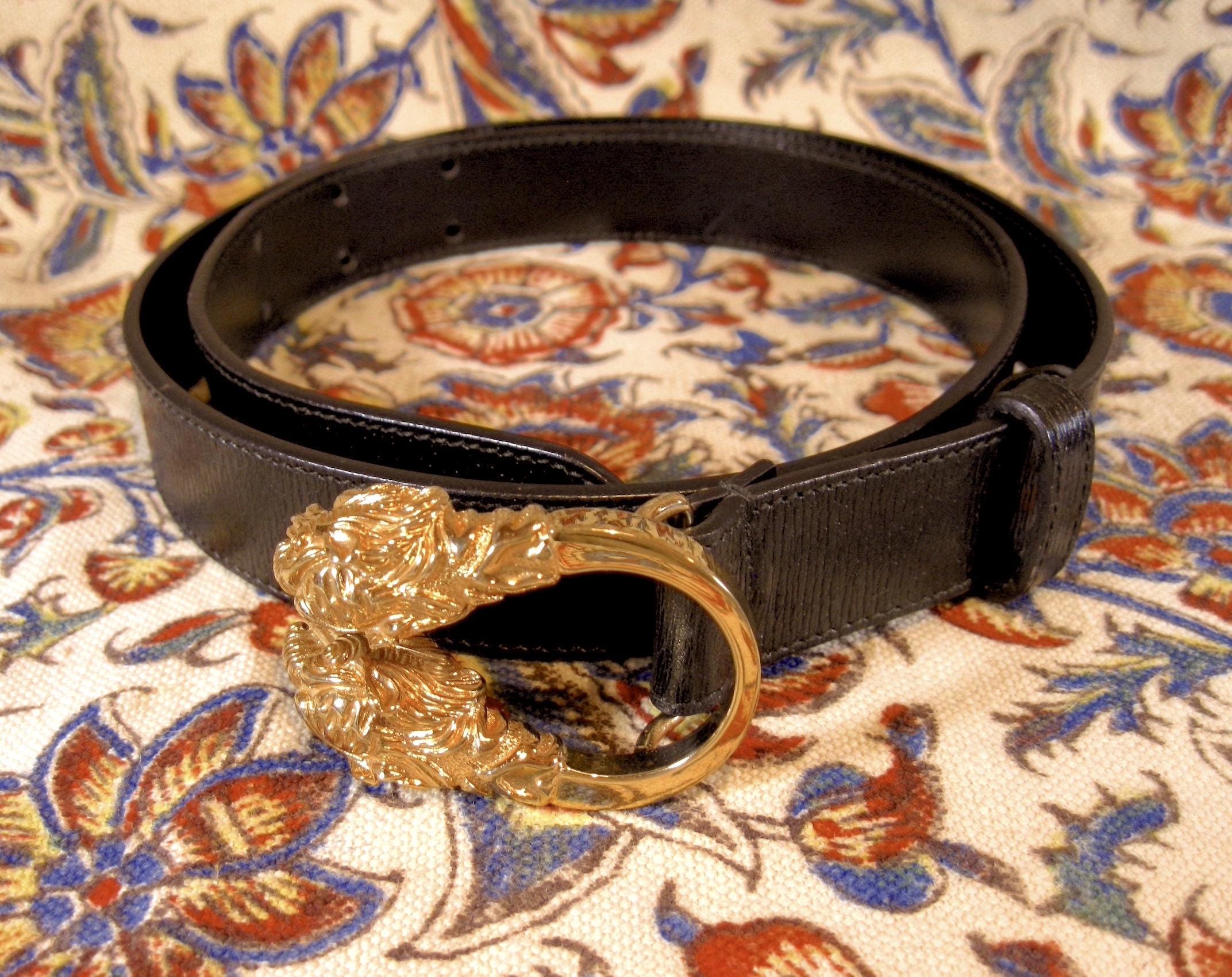 Authentic GUCCI Double Tiger Head Buckle Leather Belt 70・28 