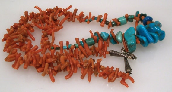 Older Navajo Natural Orange Coral Turquoise Sterl… - image 4