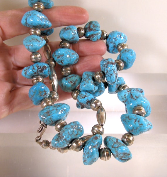 Native American Chunky Old Vintage Santo Domingo Turquoise Pearl Nugget Sterling Silver Necklace Native American Chunky Old Vintage Santo Domingo Turquoise Pearl Nugget Sterling Silver Necklace