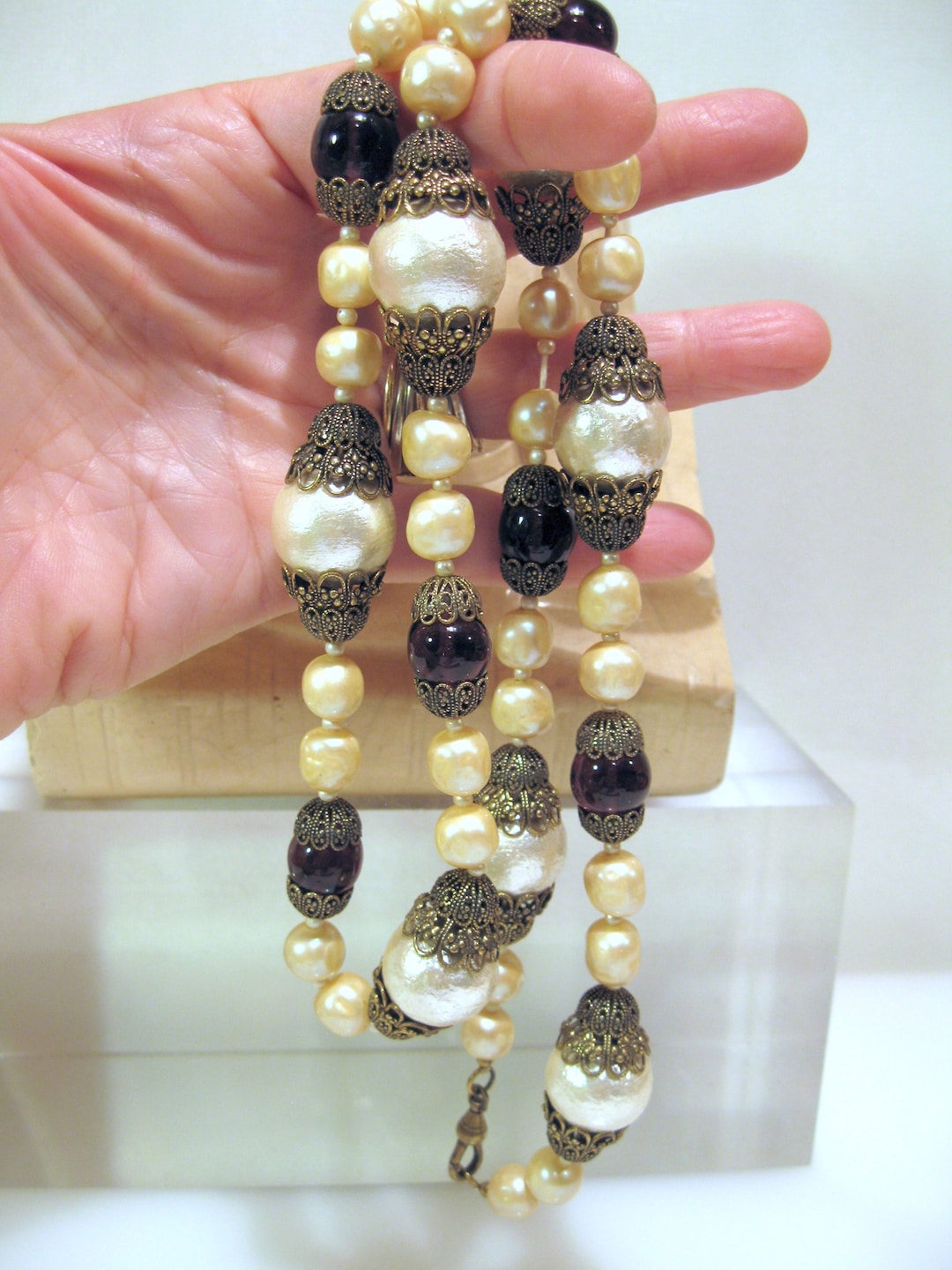 Elegant Pearl and Amethyst Glass Bead Necklace Filigree Bead Etsy