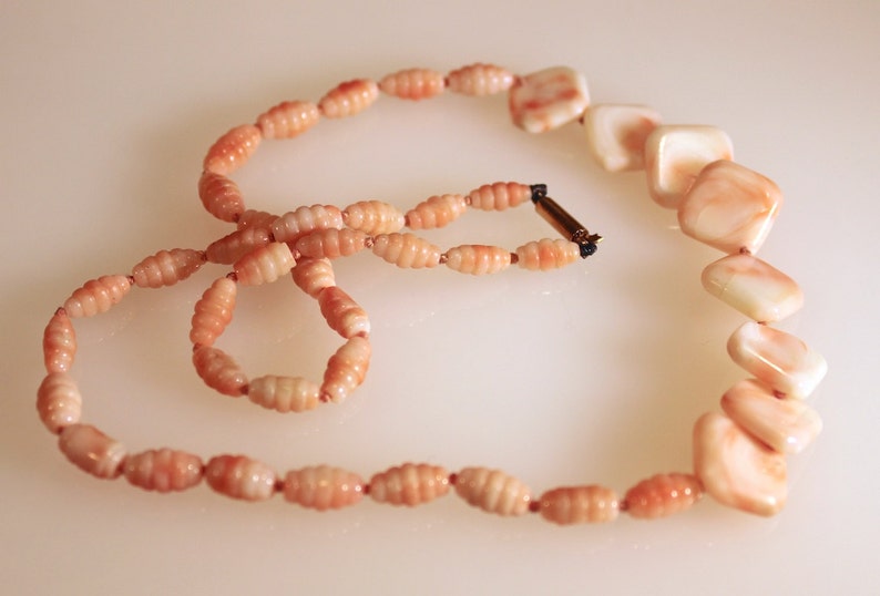 Elegant Art Deco Coral Angel Skin Bright Colored Necklace with Pin and Barrel Clasp