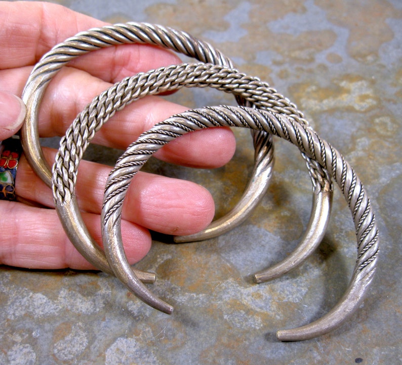 3 Beautiful Thai Laos Akha Tribe Thin Twisted Coiled Silver Metal or White Copper Cuffs image 1