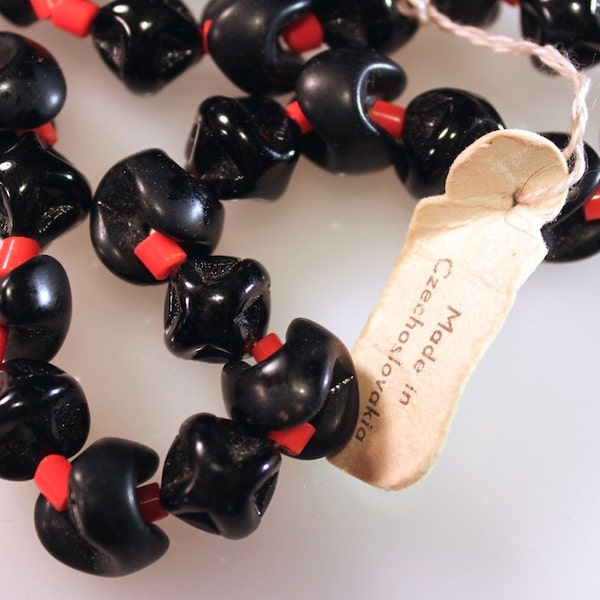 Vintage Mardi Gras Special 50s Czech Substantial Black and Red Necklace Beaded with original Tag