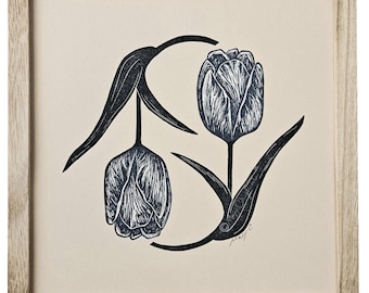 Twisted tulips original block print - floral square wall art - neutral botanical print