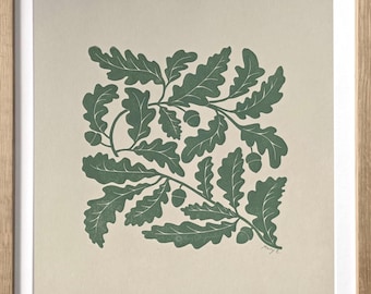Oak tree leaves original block print - square botanical wall art - nature wall decor