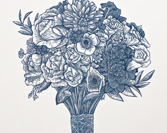 Bouquet of flowers original block print, navy blue botanical illustration, gifting flowers