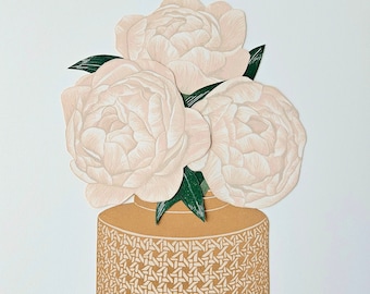 Peony Bouquet Block Print Collage Art, Limited Edition Floral Wall Decor