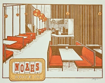 Retro Diner Block Print – Noah's Drive-In, Vintage Restaurant Wall Art