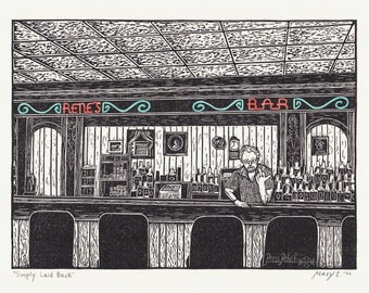 Stampa a blocchi del Rene's Bar - Ritratto del barista "Simply Laid Back" - Punto di riferimento di Thibodaux, Louisiana
